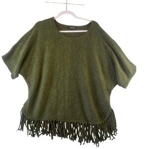 Relativity Womens Large Olive Green Marled Knit Fringe Hem Poncho Sweater L